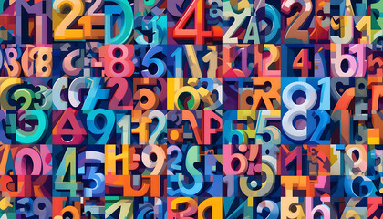 Brightly colored numbers arranged in an abstract, geometric pattern, creating a visually engaging and modern design. A vibrant and artistic representation of mathematical elements