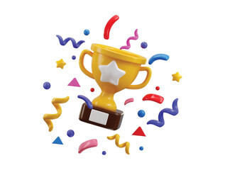 Golden shiny trophy cup with colorful confetti icon 3d render concept of celebration wining moment achievement trophy icon vector illustration 