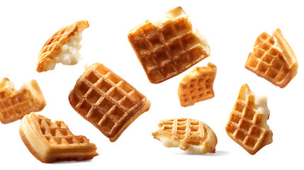 Belgian waffles and waffle pieces levitating in the air, isolated on a white background