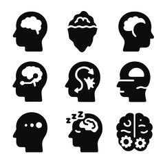 Subconscious Mind Icons. Solid style icons of subconscious mind: deep thought brain icon, iceberg brain symbol, hidden layer in