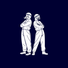 Two medical workers in protective gear, facing away from each other.