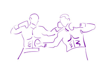 A minimalist purple line art illustration depicting two boxers in a dynamic fight