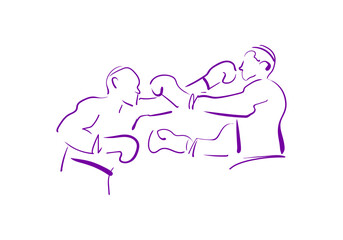 A minimalist purple line art illustration depicting two boxers in a dynamic fight