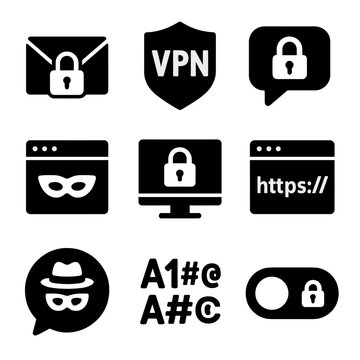 Secure Communication Icons. Solid style icons of secure communication: encrypted email icon, VPN shield, chat with lock, private