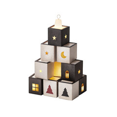 Obraz premium Decorative christmas tree made of illuminated cubes with symbols on isolated white background