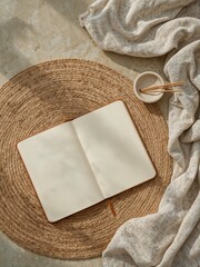 Open notebook on round woven mat with cloth and bowl with sticks on neutral background top view