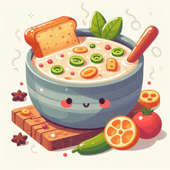 Whimsical cartoon soup bowl with smiling face bread vegetables and a spoon set on a wooden board