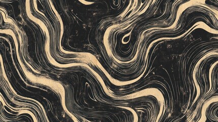 Black and beige woodcut pattern featuring abstract flowing organic shapes Its natural aesthetic and subtle texture