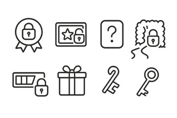 Unlockable Icons. Line style icons of unlockables: locked badge, open achievement, secret reward, mystery icon, hidden path,