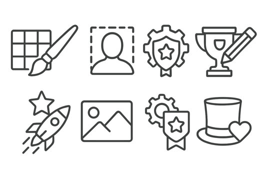 Customization Icon Set. Line style icons of customization and skins: icon theme, avatar skin, badge color, trophy variant,
