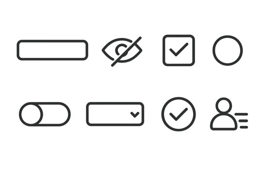 Form UX Icons. Line style icons of form UX: input field, password eye, checkbox, radio button, toggle switch, dropdown, validation