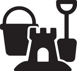Silhouette vector of sandcastle building tools including buckets and shovels, ideal for beach and summer designs.