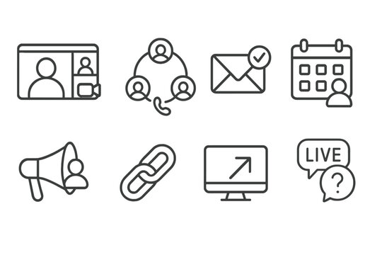Virtual Meetup Icons. Line style icons of virtual meetups: video room, group call, RSVP icon, event calendar, speaker icon, join