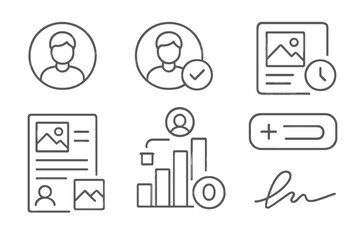 NFT Marketplace Icons. Line style icons of NFT and token marketplaces: NFT creator profile, verified artist badge, art royalties