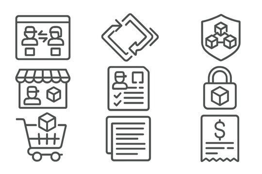 Blockchain Gaming Icons. Line style icons of blockchain gaming (GameFi): player-to-player trade screen, direct swap icon, barter