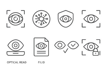 Biometrics Line Icons. Line style icons of biometrics and digital identity: iris scan icon, retina pattern chart, biometric eye
