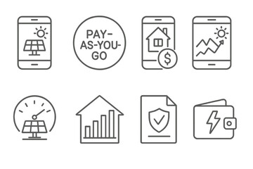 Fintech Solar Icons. Line style icons of fintech in developing countries: solar financing app icon, pay-as-you-go badge, off-grid