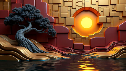 Abstract landscape with bonsai tree and geometric forms