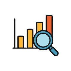 A magnifying glass examining a colorful bar graph representing data analysis.