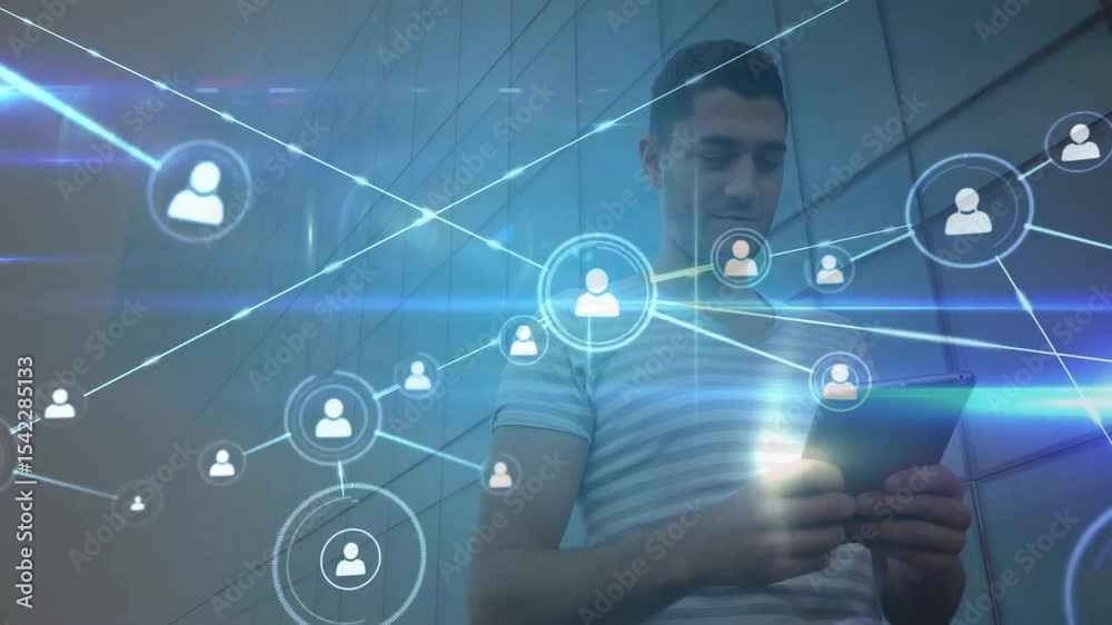Aufkleber man tapping tablet and activating holographic network nodes expanding in corridor for tech insights