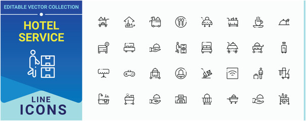 Hotel Service icon set. Containing apartment, room, care and more. Room Service simple icon set. Collection of simple line web icons. Pixel perfect. Editable stroke.