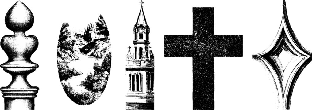 Neo gothic architectural elements: finial, spire, and ornate designs for decorative use