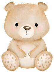 Watercolor teddy bear illustration for newborn baby girl on transparent background.
