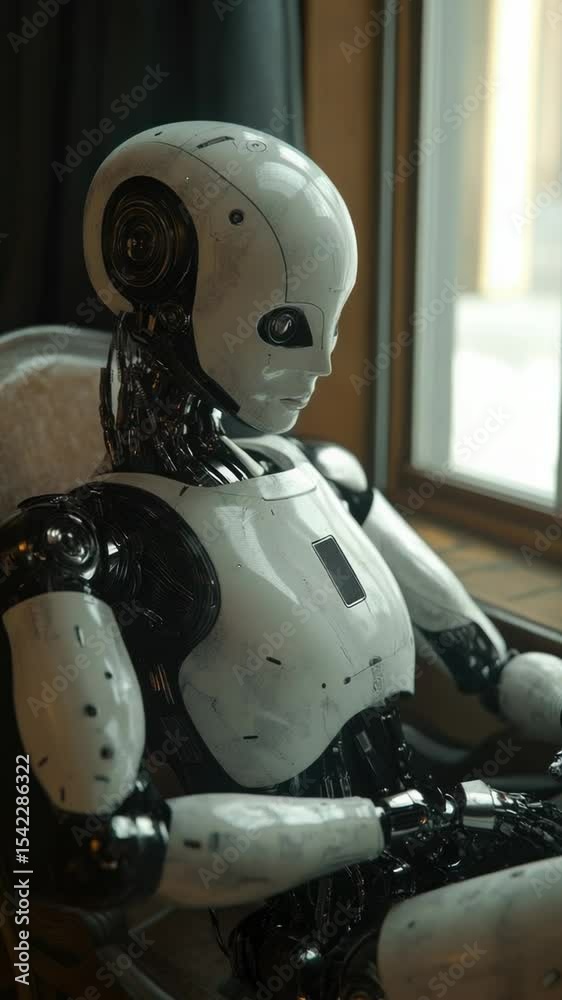 Aufkleber a robot sits on a chair in front of a window