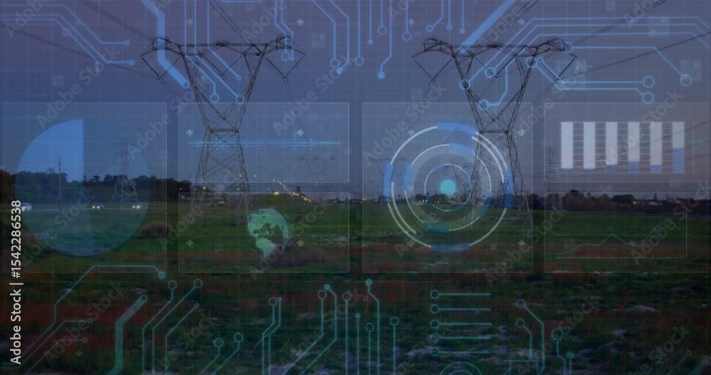 Poster digital interface panels circuit lines fading in over towers at dusk, visualizing technical data
