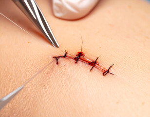 Freshly sewn stitches after surgery