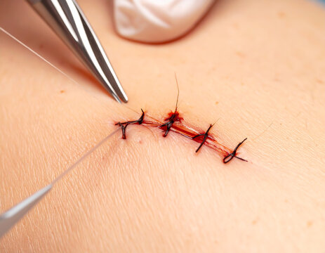 Freshly sewn stitches after surgery