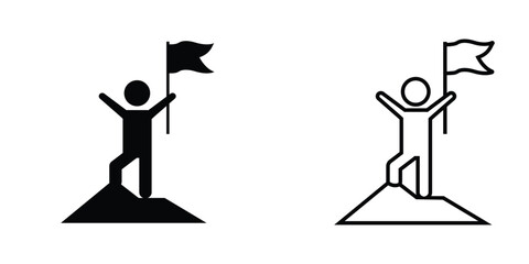 Icon representing achievement with a figure planting a flag on a mountain peak, conveying triumph and success