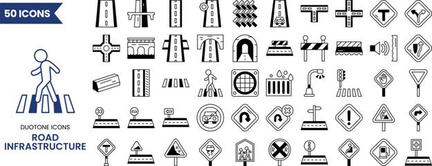 Road infrastructure icon set in duotone style. Vector illustration
