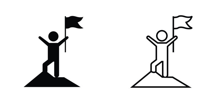 Icon representing achievement with a figure planting a flag on a mountain peak, conveying triumph and success