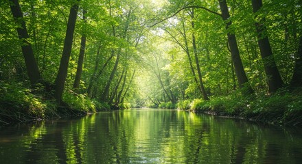 Fototapeta premium Sunlight streams through a lush forest, illuminating a calm river