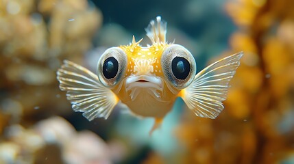 Obraz premium Cute little yellow fish with big eyes swimming in clear water close up photo