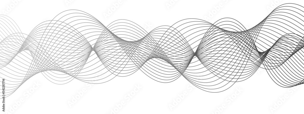 Poster Abstract modern background with black and white wavy lines dynamic, symmetrical, and continuous waveform pattern. Smooth flowing effect that resembles oscillating waves or frequency and motion.