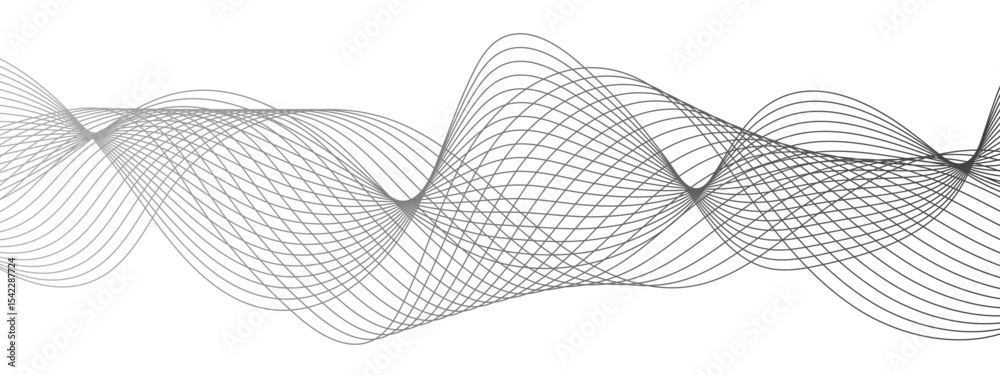 Poster Abstract modern background with black and white wavy lines dynamic, symmetrical, and continuous waveform pattern. Smooth flowing effect that resembles oscillating waves or frequency and motion.