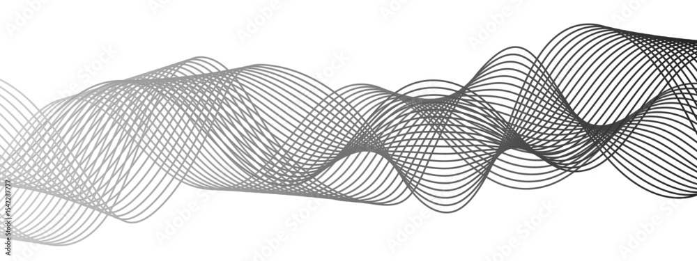 Poster Abstract modern background with black and white wavy lines dynamic, symmetrical, and continuous waveform pattern. Smooth flowing effect that resembles oscillating waves or frequency and motion.