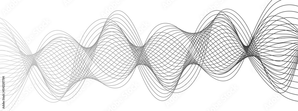Poster Abstract modern background with black and white wavy lines dynamic, symmetrical, and continuous waveform pattern. Smooth flowing effect that resembles oscillating waves or frequency and motion.