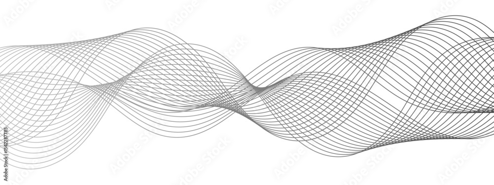 Poster Abstract modern background with black and white wavy lines dynamic, symmetrical, and continuous waveform pattern. Smooth flowing effect that resembles oscillating waves or frequency and motion.