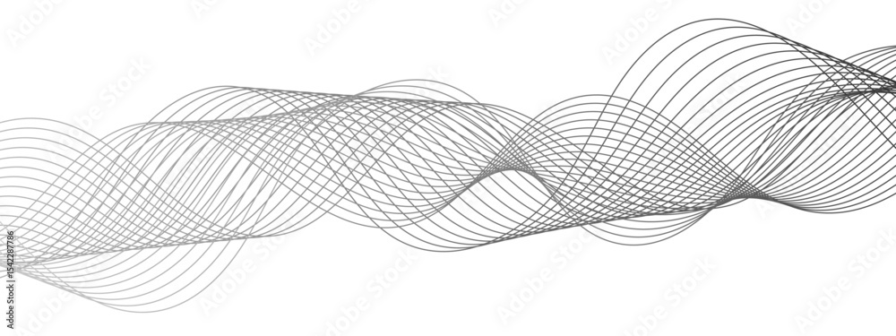 Poster Abstract modern background with black and white wavy lines dynamic, symmetrical, and continuous waveform pattern. Smooth flowing effect that resembles oscillating waves or frequency and motion.