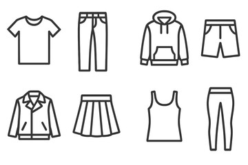 Minimalist Clothing Icons. Line style icons of basic clothing: t-shirt, jeans, hoodie, shorts. jacket, skirt, tank top, leggings.