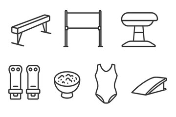Gymnastics Equipment Icons. Line style icons of gymnastics equipment: balance beam, uneven bars, vault table, floor mat. grips,