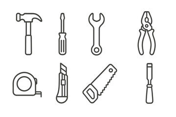 Basic Hand Tools Icons. Line style icons of basic hand tools: hammer, screwdriver, wrench, pliers. tape measure, utility knife,