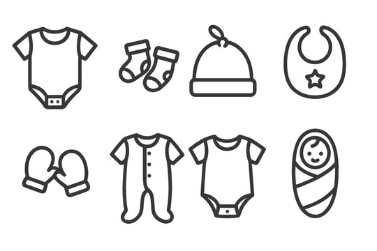 Baby Clothes Icons. Line style icons of baby clothes: baby onesie, tiny socks, baby hat, bib. mittens, footed pajamas, romper,