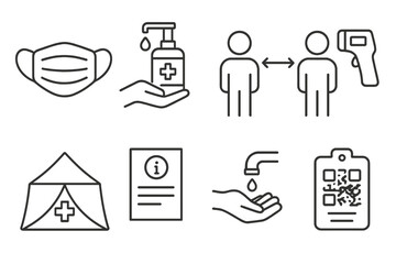 Public Health Icons. Line style icons of public health safety: mask sign, sanitizer station, social distance icon, temperature