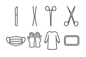Surgical Instruments Icons. Line style icons of surgical instruments: scalpel, forceps, clamp, surgical scissors. surgical mask,