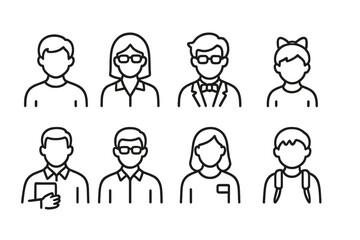 Educational Icons Collection. Line style icons of students and teachers: student, teacher, professor, pupil. tutor, lecturer,