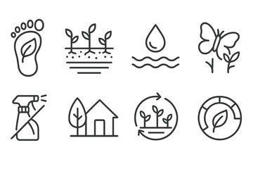 Eco Indicator Icons. Line style icons of eco indicators: carbon footprint, soil health, water use icon, biodiversity icon.